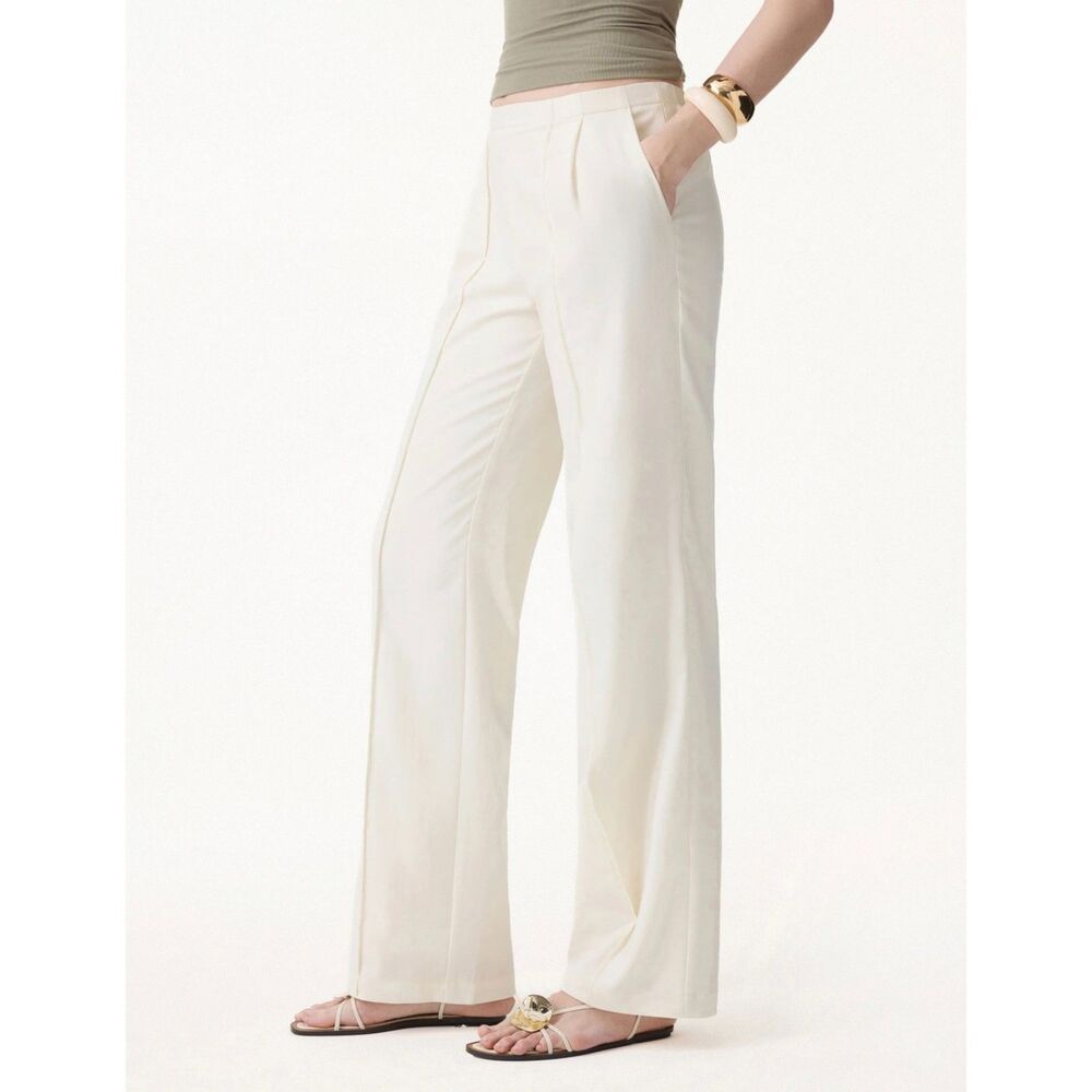 NWT OGL Lyocell-Linen Pintuck Wide Leg Vacay Pant Pockets Off-white S 2-4 Petite